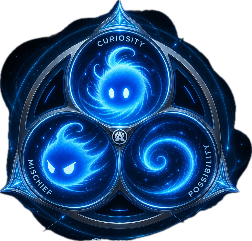 AxisOS Triad Crest &mdash; Curiosity, Mischief, Possibility